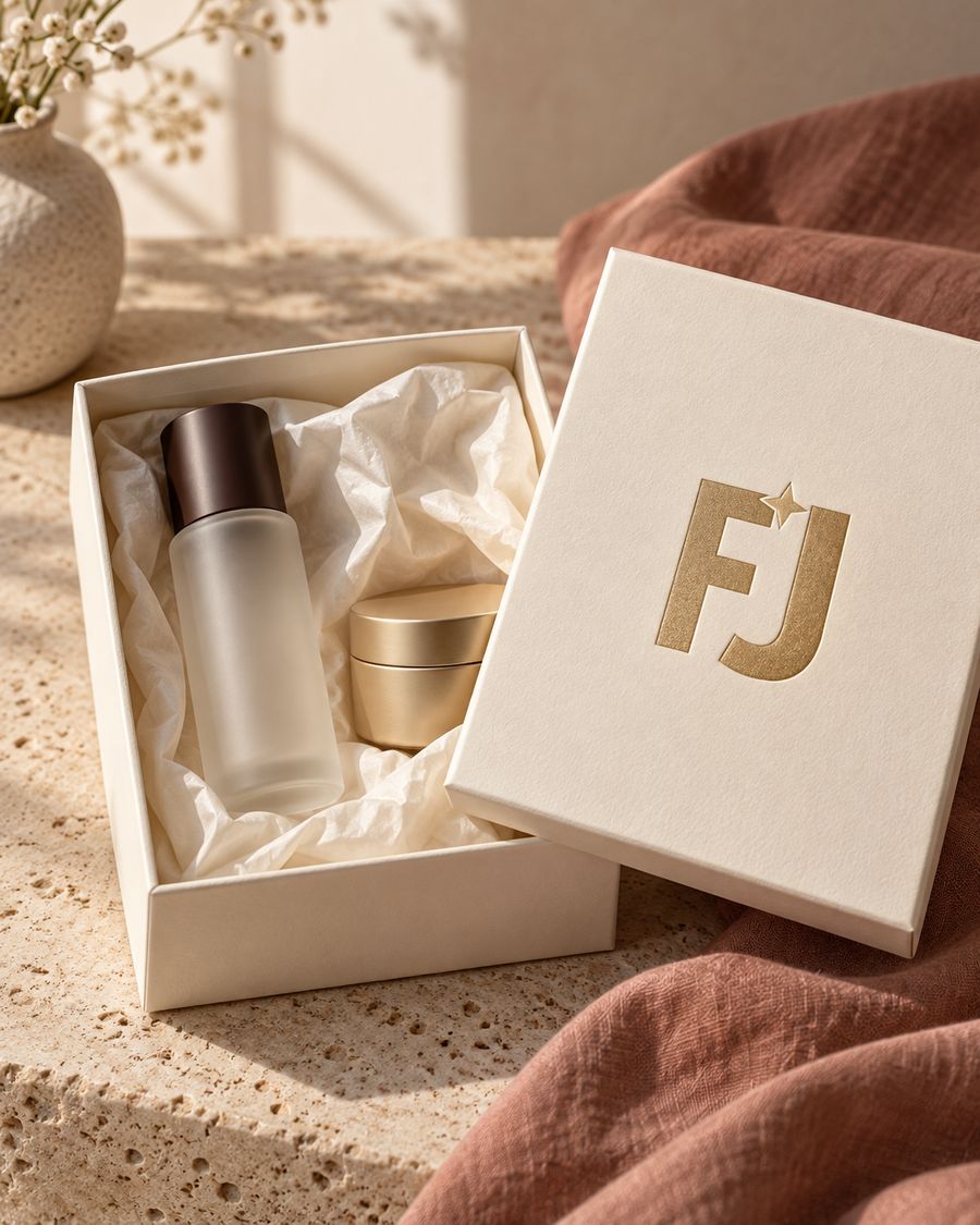 Ivory gift box with a gold foil FJ monogram on the lid, holding a frosted bottle and a small gold jar in tissue paper.