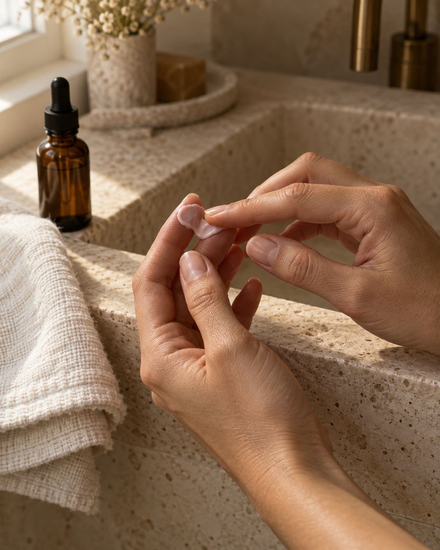 Two hands warming a little rose-tinted cream between the fingertips over a travertine basin.