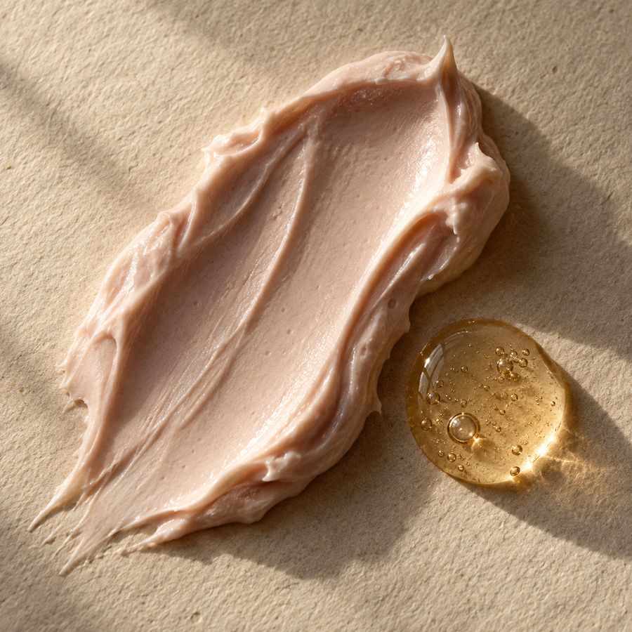 Macro view of a swipe of pale rose cream beside a small pool of golden oil on ivory paper.